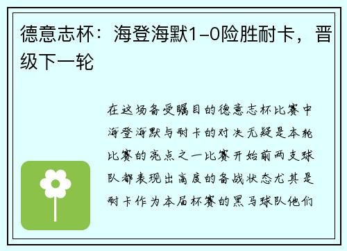 德意志杯：海登海默1-0险胜耐卡，晋级下一轮